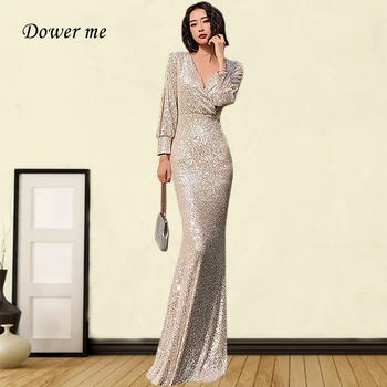 

Champagne Evening Dress GK063 Long Sleeve Formal Party Dresses Mermaid Robe De Soiree Deep V-Neck Floor-Length Vestidos 2020