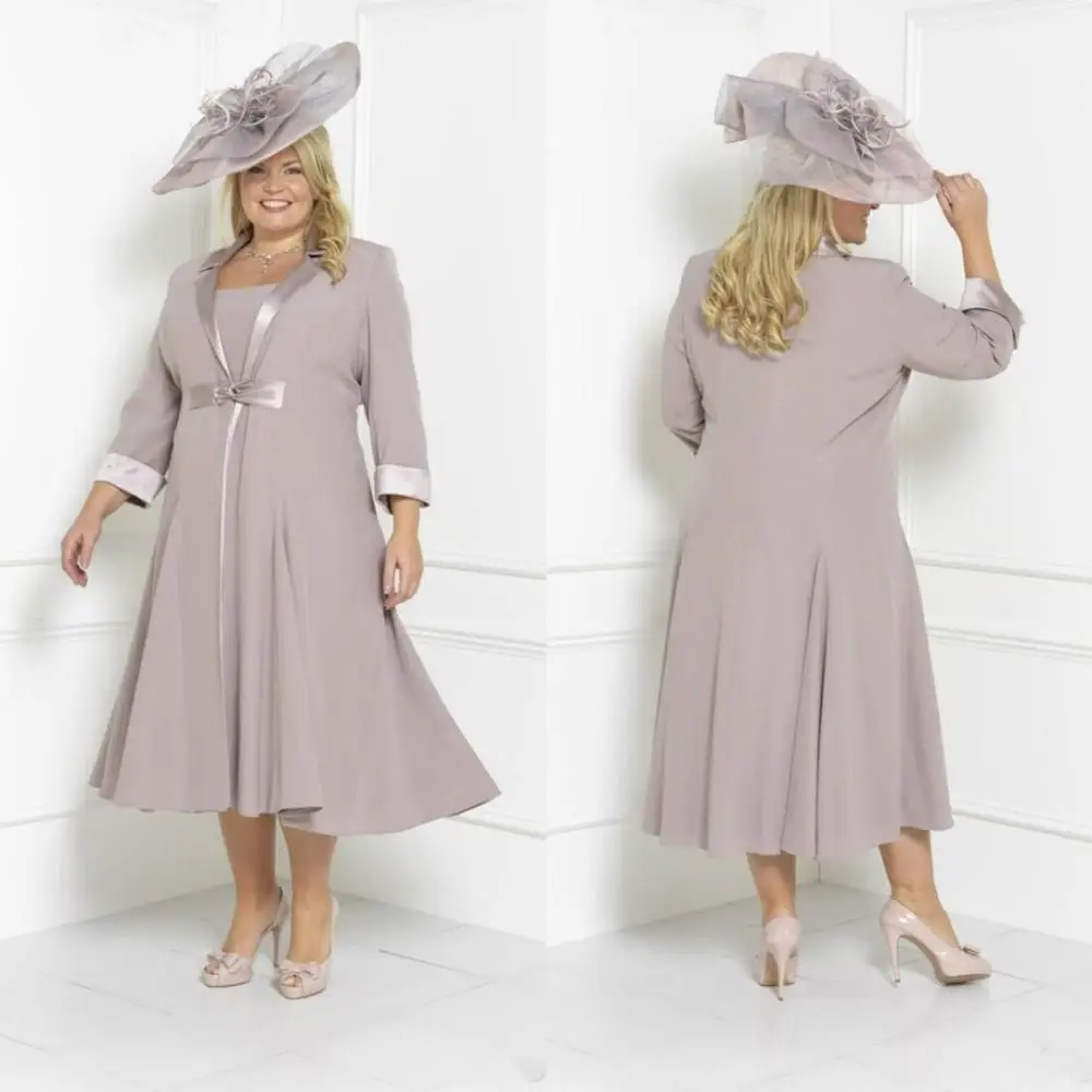 Plus Size Moeder Van De Bruid Jurken Thee Lengte Hals Bruiloft Gast Jurk Met Lange Jas Custom Made Plus Size Moeder Van De Bruid Jurken Thee Lengte Hals Bruiloft Gast Jurk Met Lange Jas Custom Made