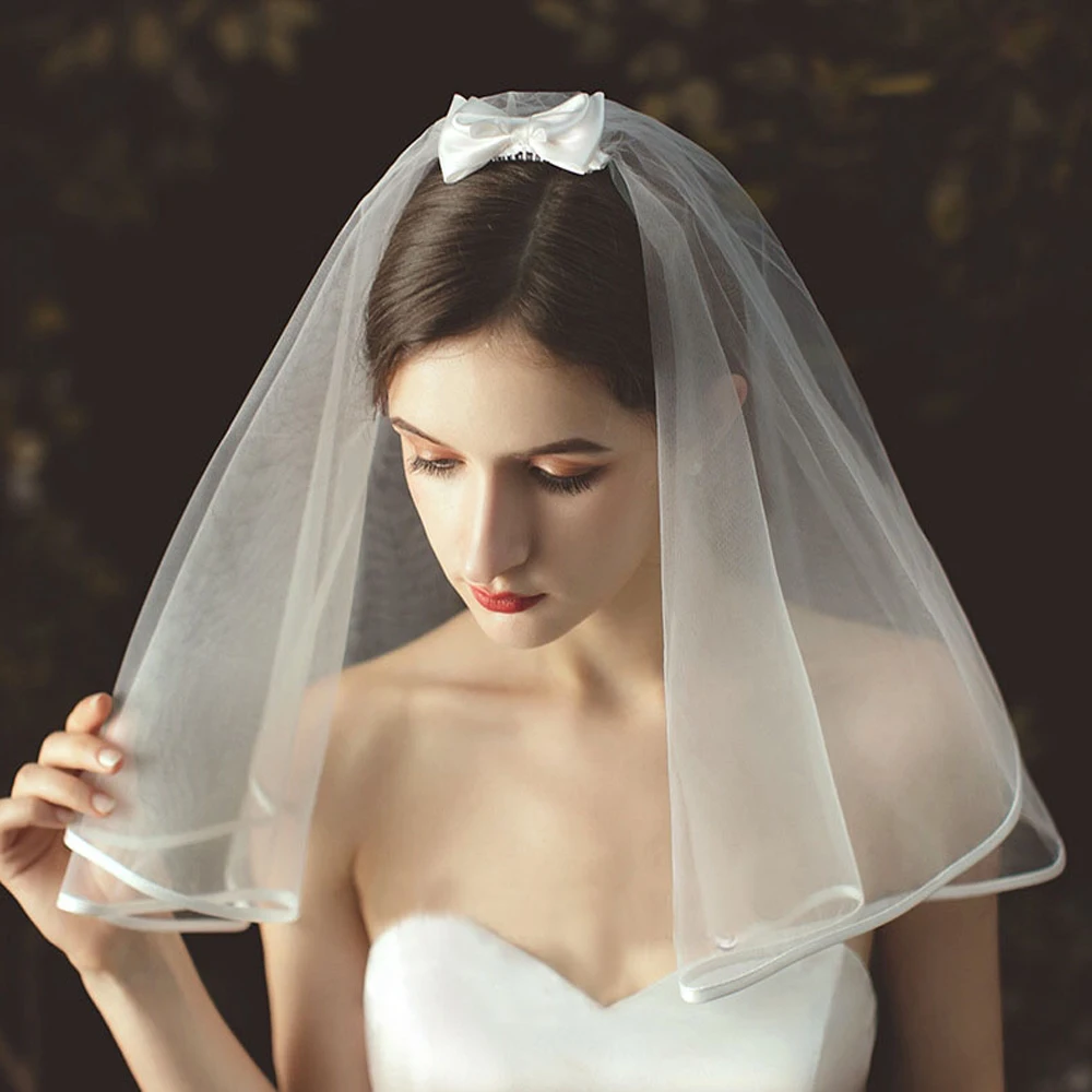 Korean Style Bow Wedding Veil Short Tulle Ribbon Edge Bridal Veils Two Layer Ivory White