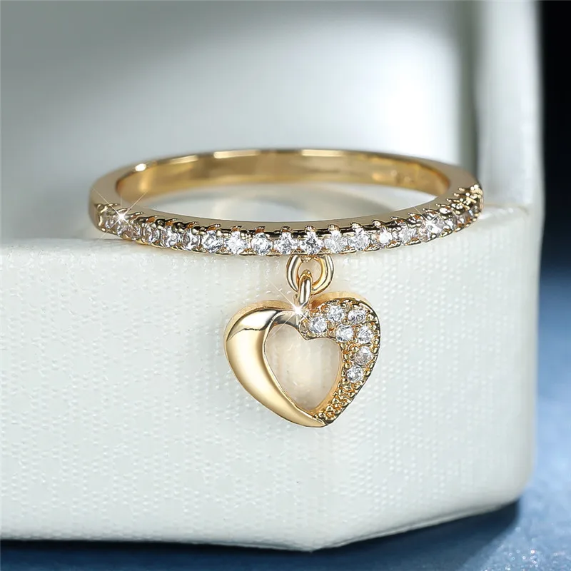 Crystal Rings Engagement Rings Zircon Rings Bohemian Rings For Women Cute Female Hollow Heart Pendant