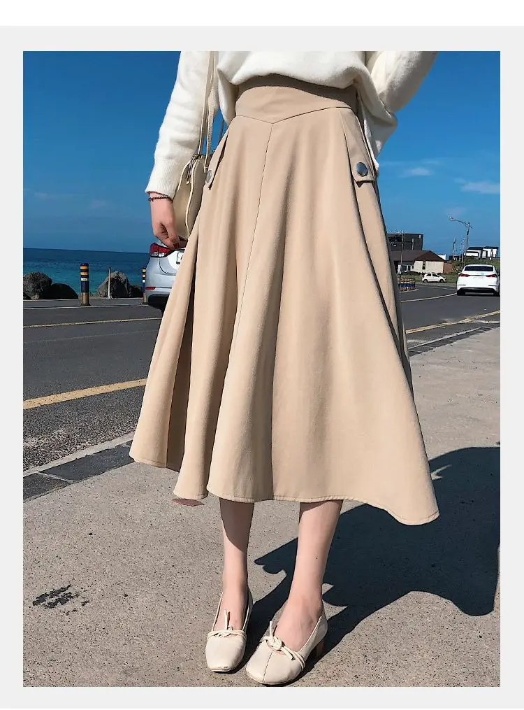 apricot NYFS New Autumn High waist Skirts Fashion Mid-length Umbrella skirt Women Slim Office Skirt Faldas Mujer Saias - Цвет: apricot