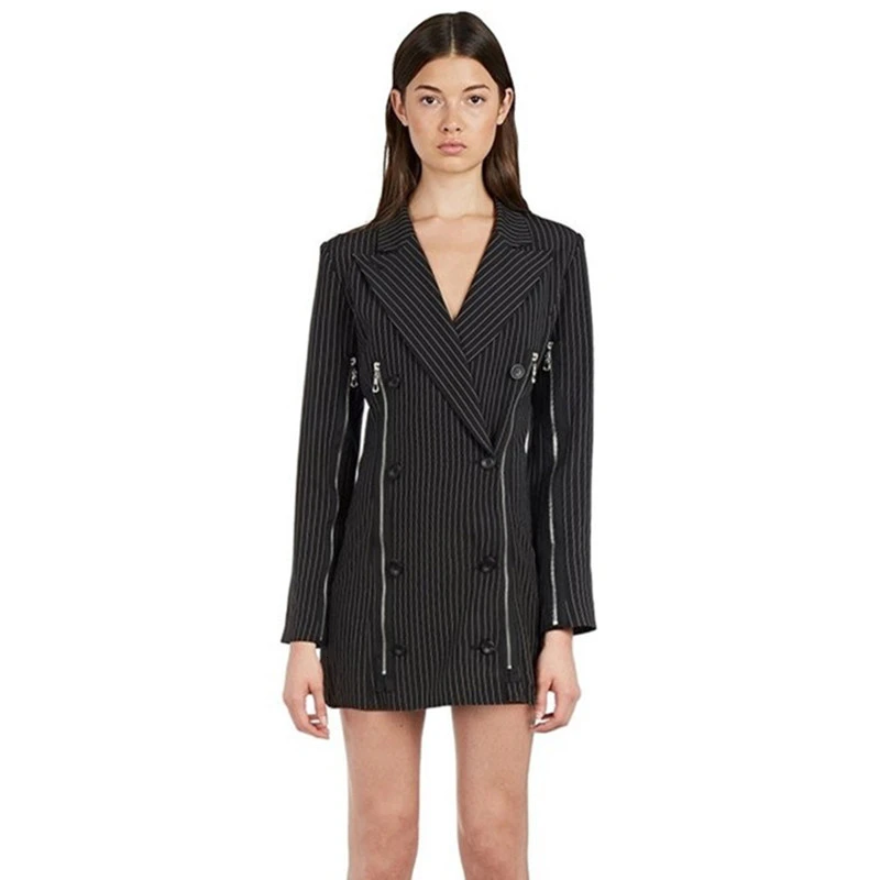 

2019 Autumn Winter Women Runway Slim Striped Zipper Double Breasted Outwear Elegant Office Lady Suits Jacket Coat With Belt