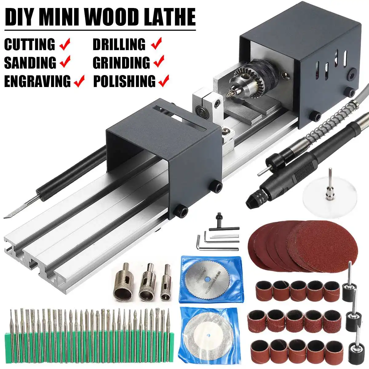 24V 80W Mini Lathe Beads Machine Polisher Table Woodworking DIY Rotary Tool Kit