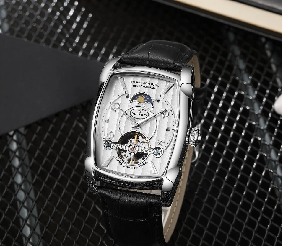 Роскошные OYW модные автоматические мужские механические часы Tourbillon деловые часы Tonneau Форма кожаные Наручные часы Relojes Hombre
