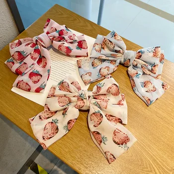 

Japanese and Korean Style Multilayer Chiffon Large Bow Barrettes Spring Clip Strawberry Fabric Head Clip Back of the Head Headba