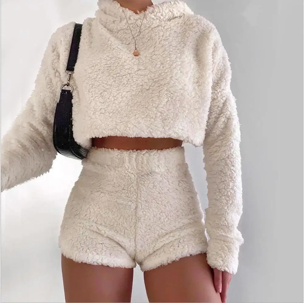 Women Tracksuit Sweatshirts Shorts Sleepwear Crop-Top Velvet Fluffy Plush Casual Hooded