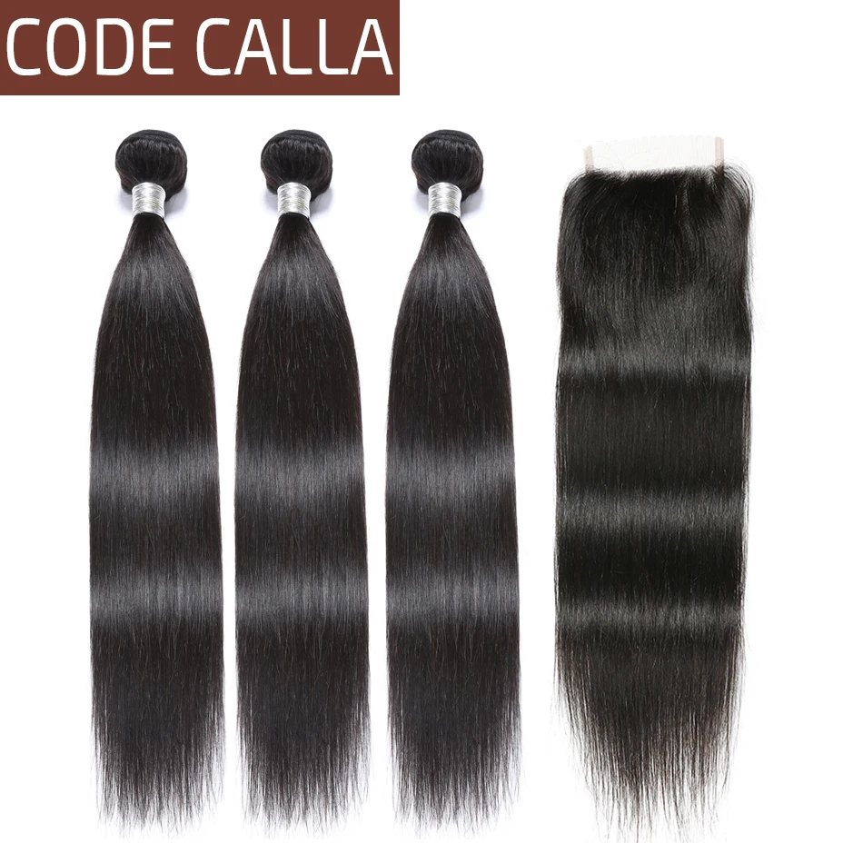 

Code Calla Remy Straight Hair bundles with closure 100% Human Brazilian Hair Weave Bundles For Woman Natural Black Color