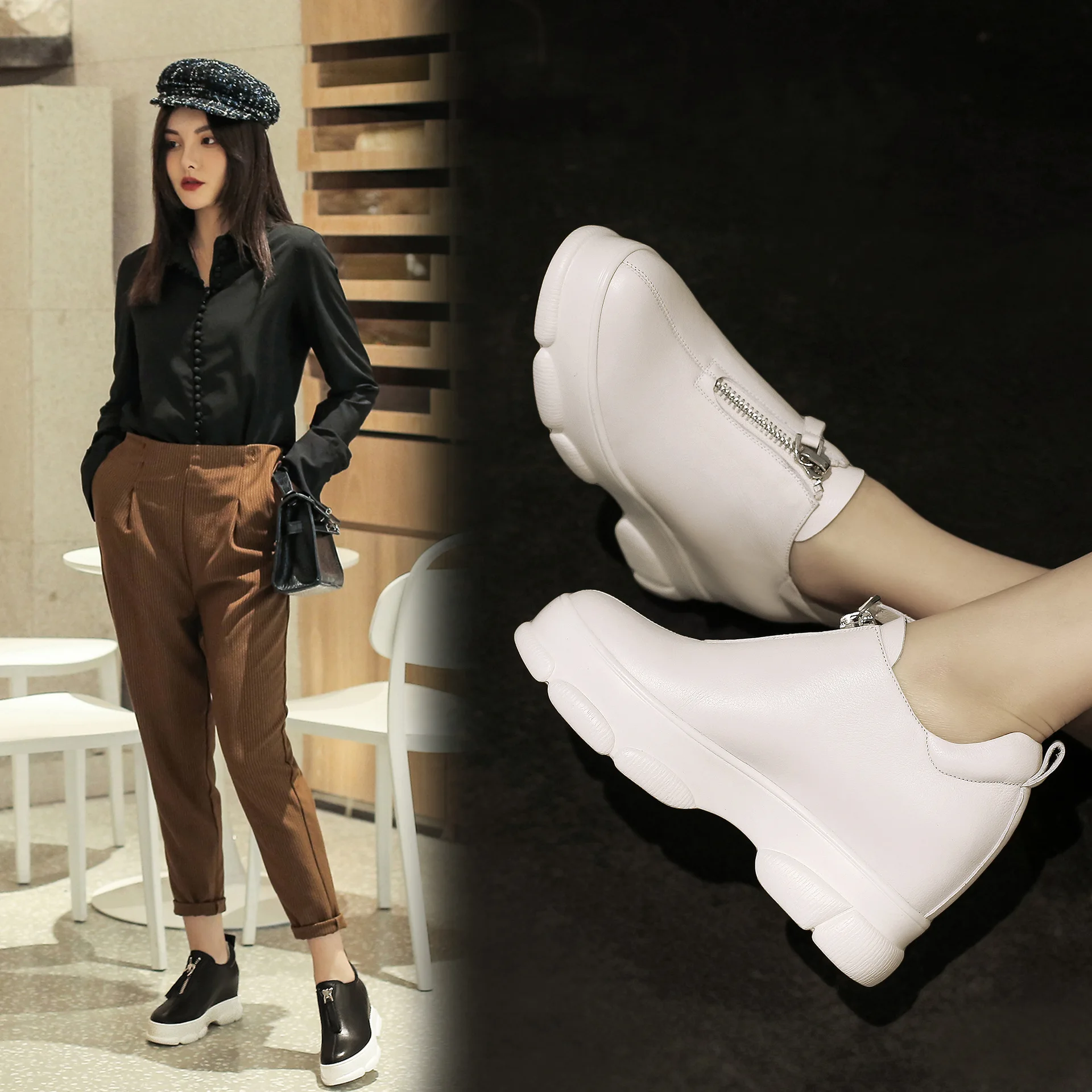 

2019 Spring New Products Simple Casual Comfortable Versatile WOMEN'S Genuine Leather Shoes Full-grain Leather High Chunky Front