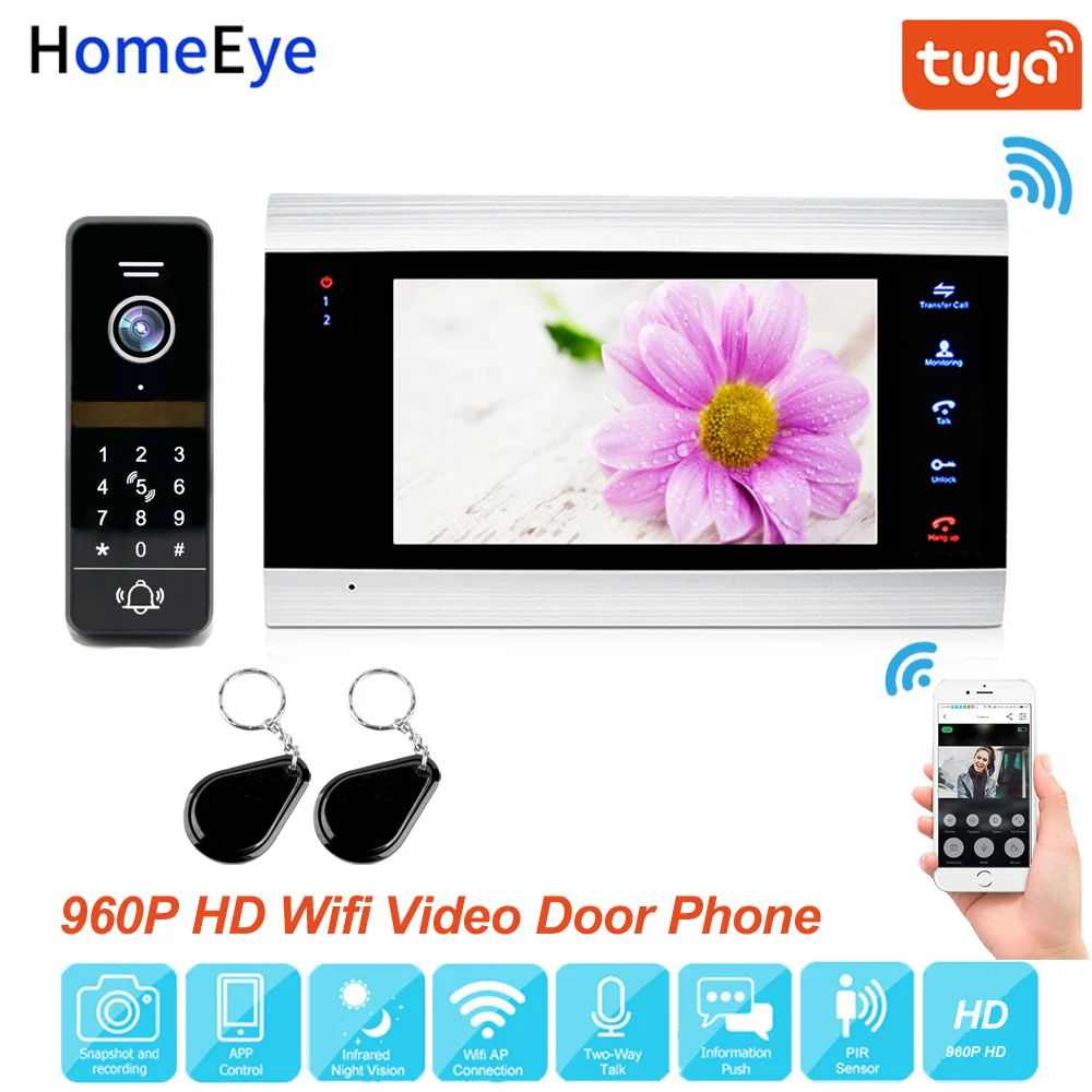 Tuya App Remote Control WiFi IP Video Door Phone Video Intercom 960P Home Access Control System Keypad+IC Card Motion Detection