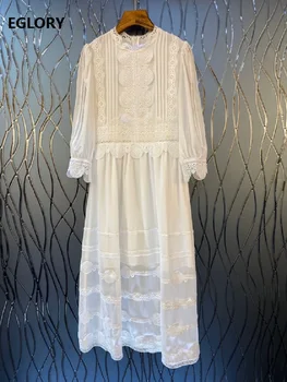 

High Quality Designer Fashion Dress 2019 Autumn Style Women Hollow Out Lace Embroidery 3/4 Sleeve Mid-Calf White Green Dress