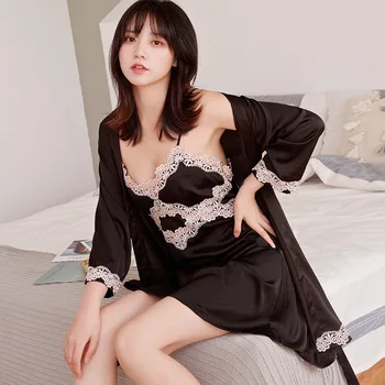 

Women black Robe & Gown Sets Sexy Lace Sleep Lounge Pajama Long Sleeve Ladies Nightwear Bathrobe Night Dress With Chest Pads
