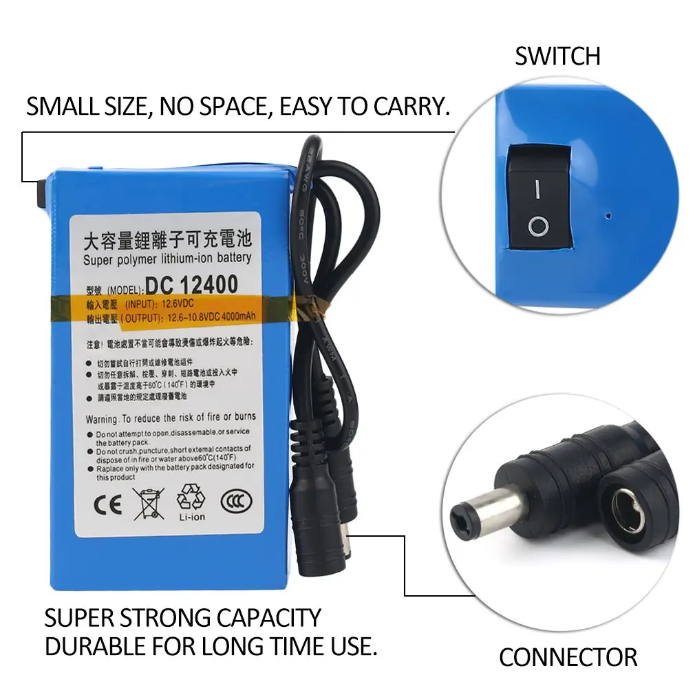 DC 12V Super Strong Capacity 4000MAH Rechargeable Li-ion Battery For Camera US plug