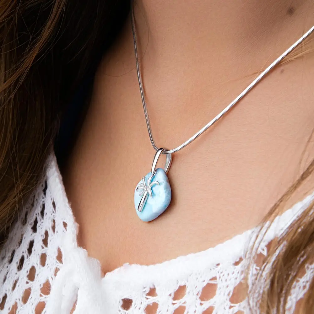 

Hot Selling 925 Sterling Silver Natural Dominica Larimar Coconut Palm Tree Pendant Necklace Womens Jewelry For Gift