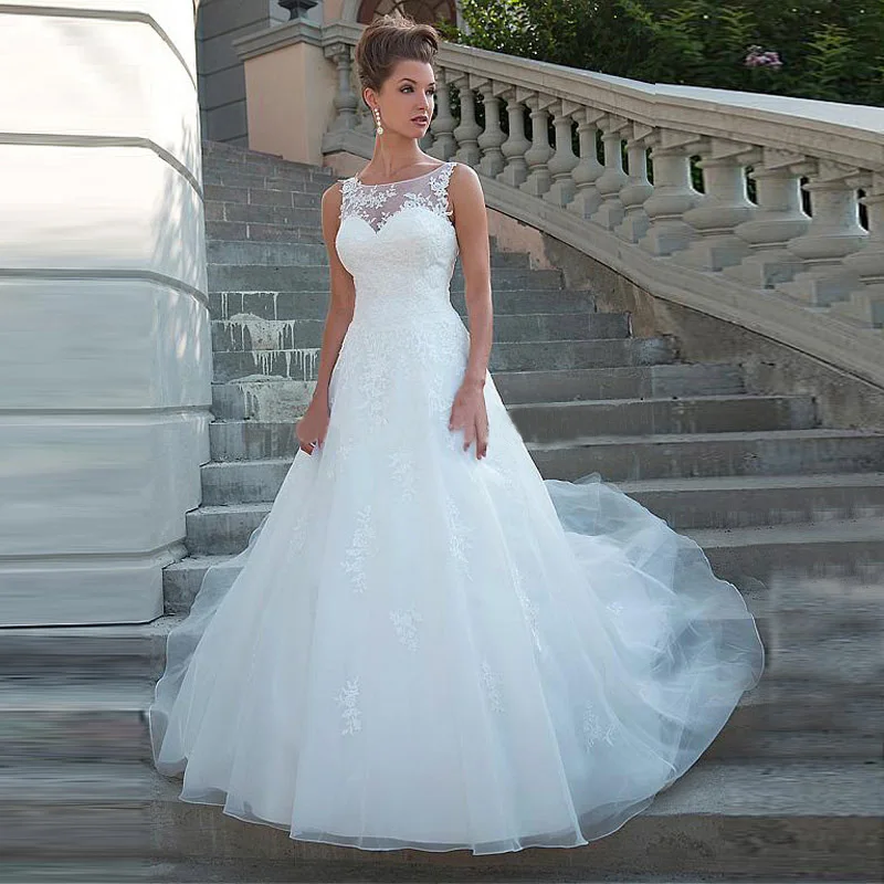 

Vestido De Noiva Custom Made Tulle Wedding Dresses Scoop A Line Sleeveless Lace Appliques Button Illusion Bridal Gowns