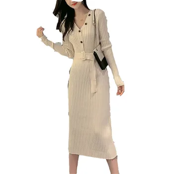 

Dress arrival wholesale Korean vestidos korean V-neck bottoming knit dress female slim slimming over-the-knee sweater dress