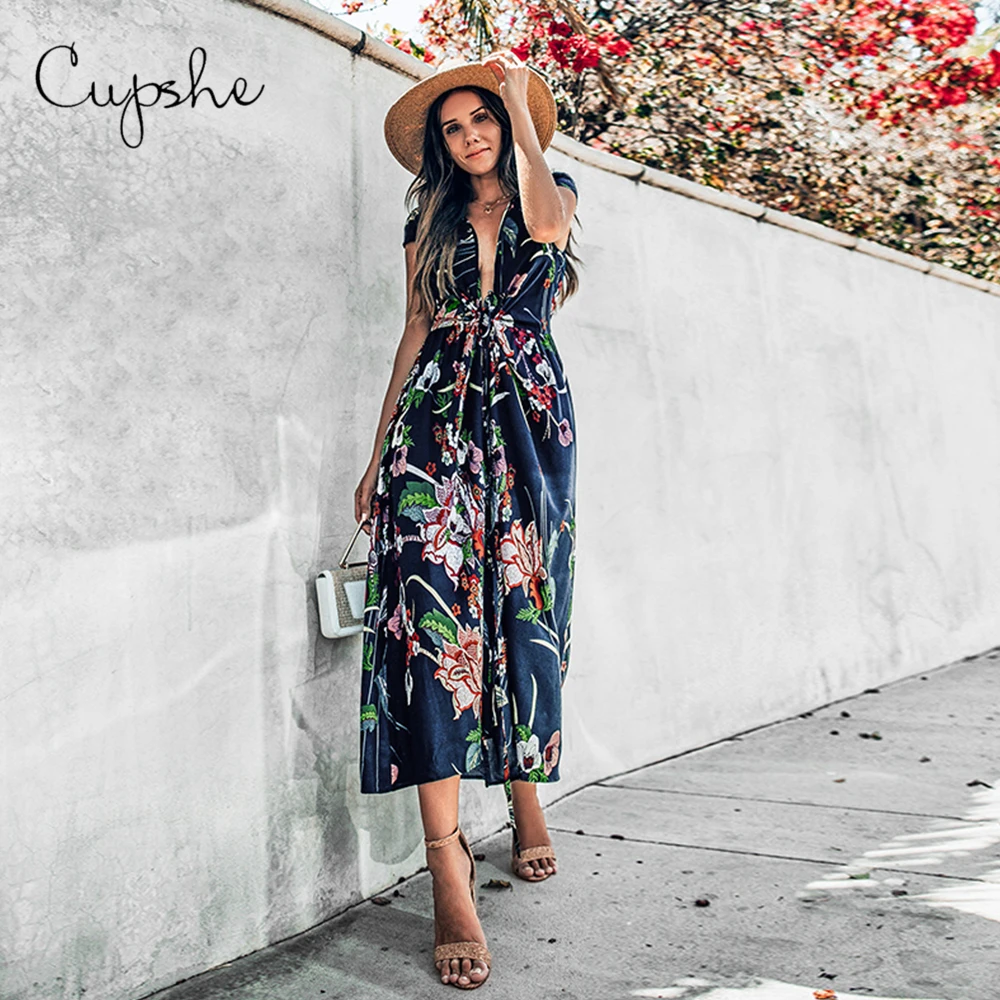 Женское цветочное платье макси CUPSHE с глубоким вырезом элегантное длинное
