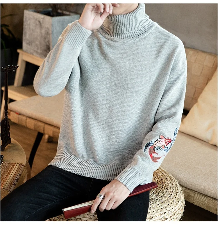 Zongke Carp Embroidery Turtleneck Men Sweater Turtle Neck Men Pullover Sweater Men Coat XXXL Autumn Winter Man Sweaters