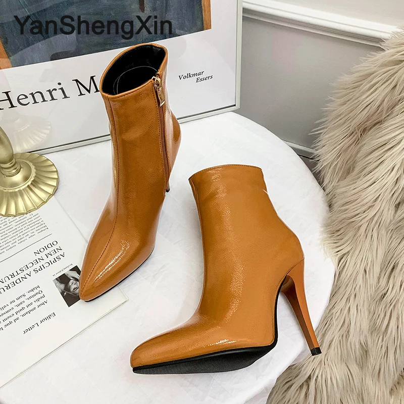 YANSHENGXIN Shoes Woman Boots Patent Leathe High Heel Women Boots Autumn Winter Pointed Toe Zip Women Shoes Warm Ladies Booties
