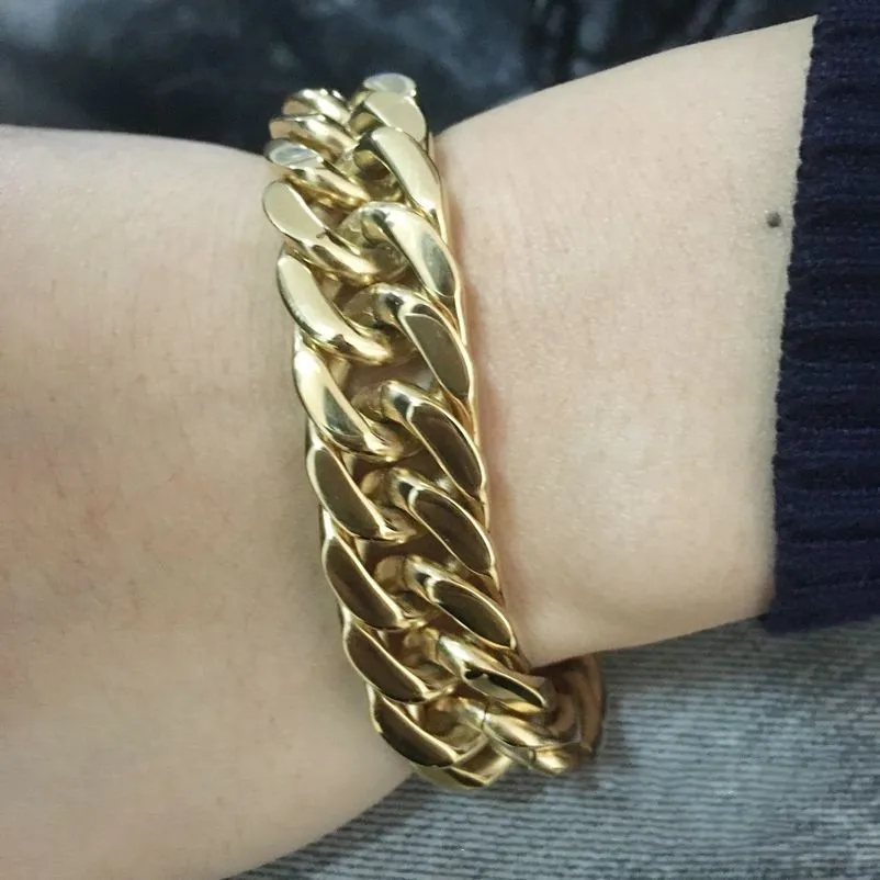 Мужские ювелирные изделия Хип-хоп стиль титановая сталь нержавеющая сталь вакуумное покрытие золото двойной застежка браслет 15 мм в ширину s0048