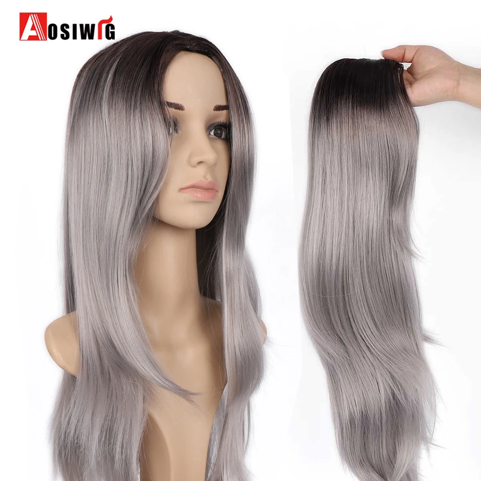 AOSIWIG Омбре серый средняя часть прямые Длинные Синтетические парики для женщин черный серый 22 дюйма Косплей парики для вечеринок