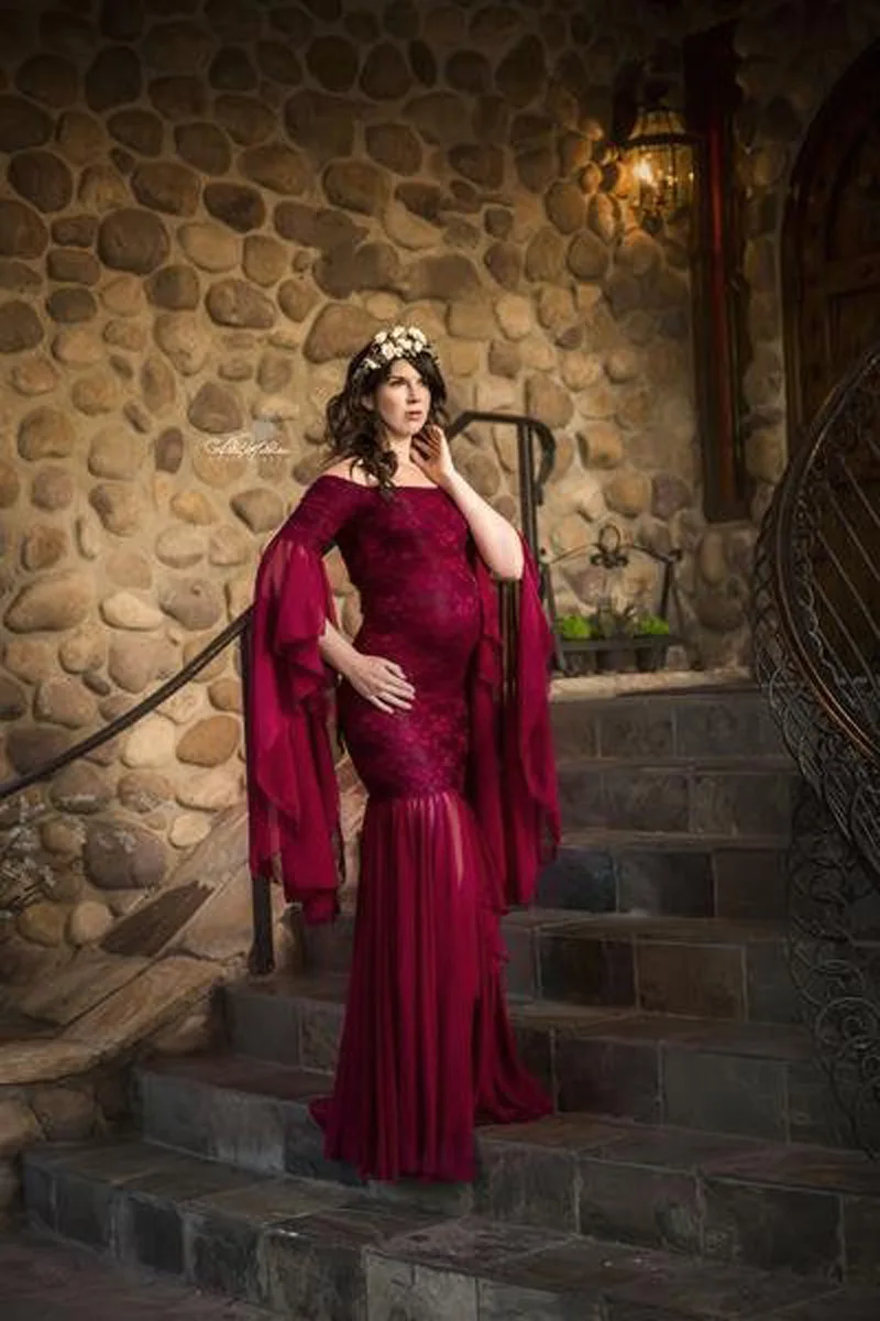 Mermaid Maternity Photography Props Dresses Lace Long Pregnancy Dress Ruffles Pregnant Women Maxi Maternity Gown For Photo Shoot (4)