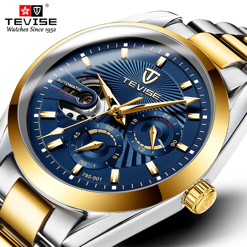 

Fashion TEVISE Brand Mens Watches Automatic Mechanical Wristwatches Tourbillon Design Clock Self-Wind Full Stainless Steel Watch