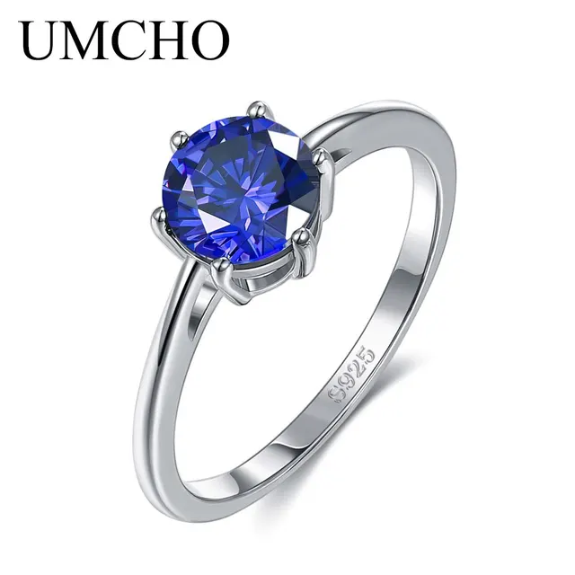UMCHO Elegant Real 925 Sterling Silver Wedding Rings Zircon Ring for Women Charms Luxury Festival Party Fine Jewelry Female Blue