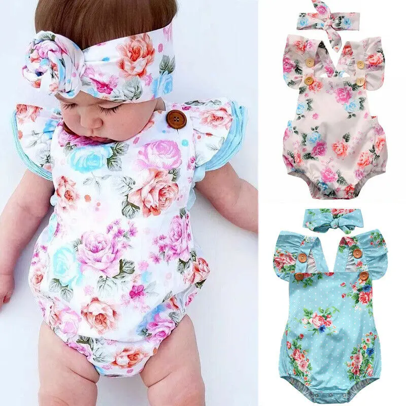 

0-24M Adorable Baby Girls Floral Romper Summer Infant Toddler Baby Girl Short Ruffle Sleeve Clothes Sunsuit Set