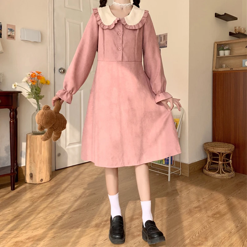 

A-line Empire Dress Girls Vintage Vestidos Female Elegant Flare Sleeve Clothing Peter Pan Collar Solid Dress Clothes for Women