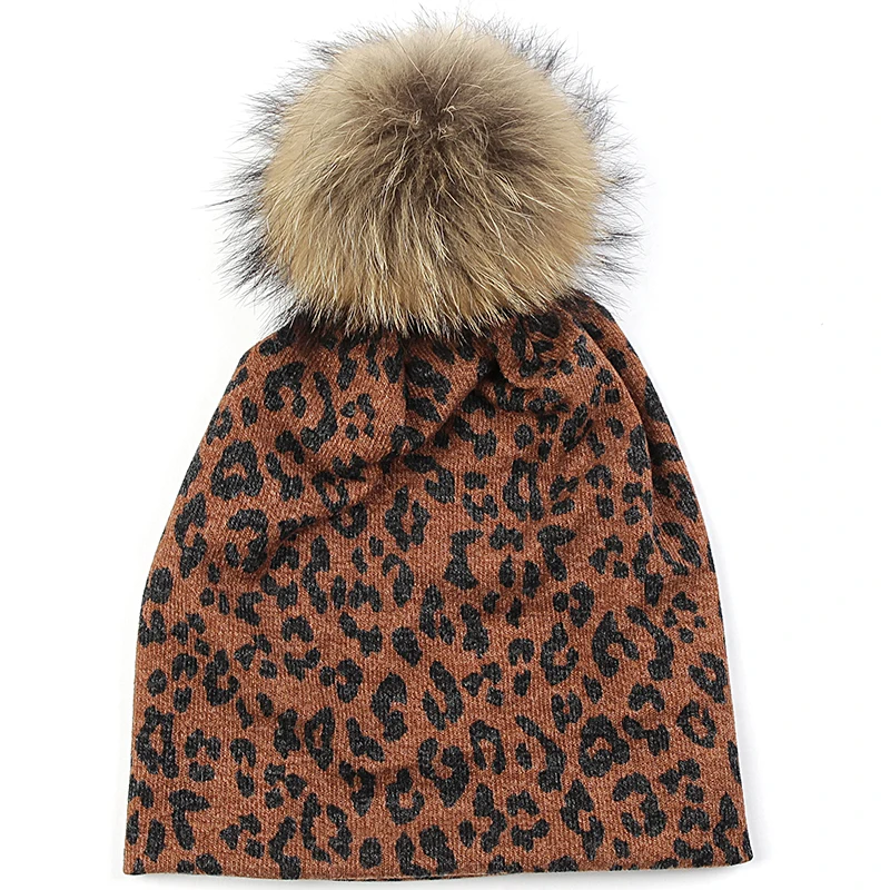 brown A Geebro, модные женские полосатые женские шапочки, Skullies, повседневный Леопардовый шарф, шапка, Осень-зима, теплые шапки с помпоном из меха енота - Цвет: brown A