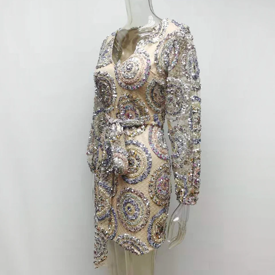 Karlofea/Роскошное винтажное платье с блестками, разноцветный, украшенный пайетками, вечерние платья знаменитостей, шикарные наряды с рукавами-фонариками