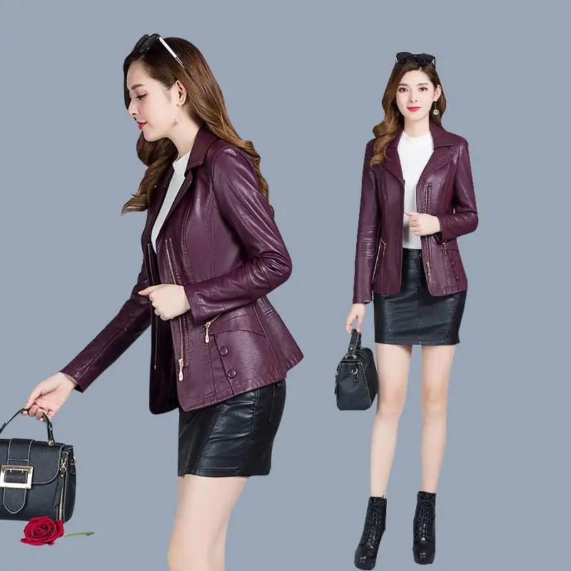 Faux leather Jacket Women turn down collar Autumn Motorcycle Jacket Black Outerwear faux leather PU Jacket Coat