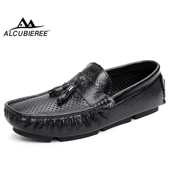 

ALCUBIEREE Brand Genuine Loafers for Man Breathable Slip-on Mocassin Hollow Mesh Men Flats Gommino Boat Shoes Man Driving Shoes