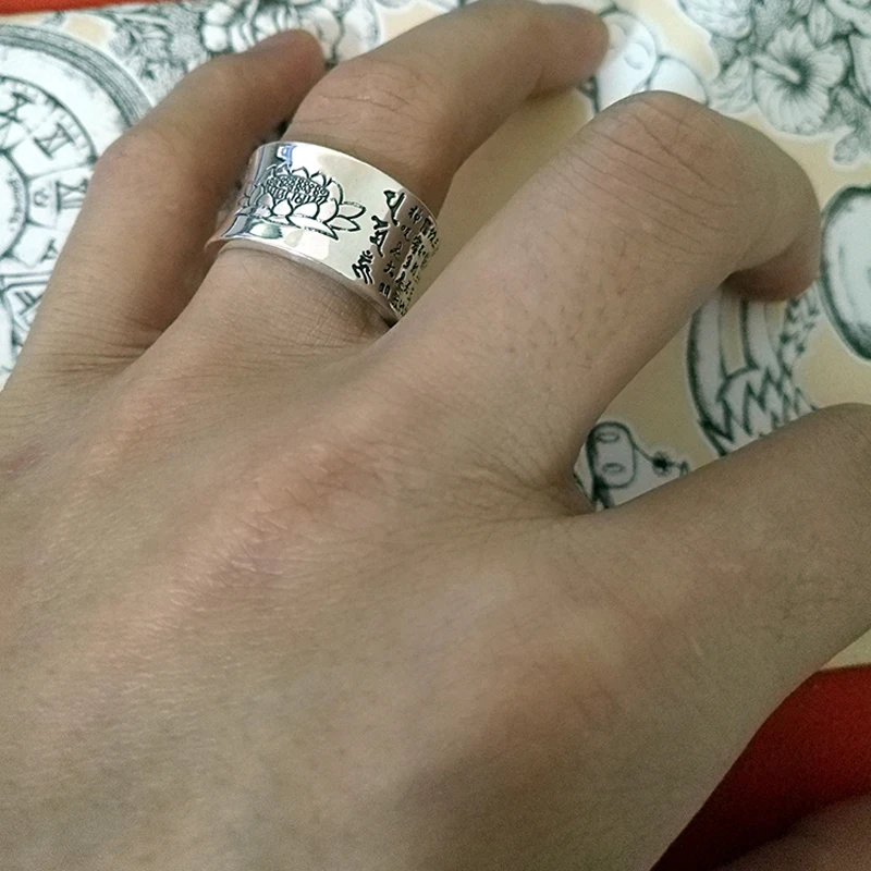 ZABRA, 999 серебряное кольцо для мужчин, буддистское сердце, сутра, перстень, Ретро стиль, открытие, регулируемое, для женщин, кольца, Стерлинговое Серебро, ювелирное изделие
