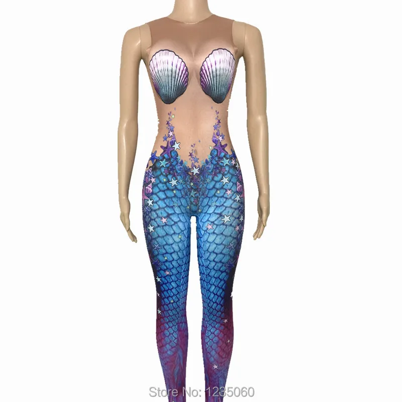Sexy Blue Mermaid Jumpsuit Sleeveless Big Stretch Nude Bodysuit Stage Performance Party Dance outfit | Дом и сад