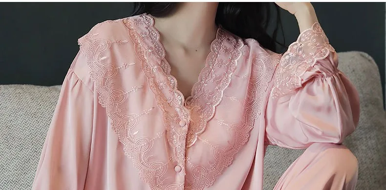 Lace Pj's 2PCS Sleepwear Women Satin Pajamas Suit Summer Pyjamas Casual Intimate Lingerie Long Sleeve Shirt&Pants Lounge Wear