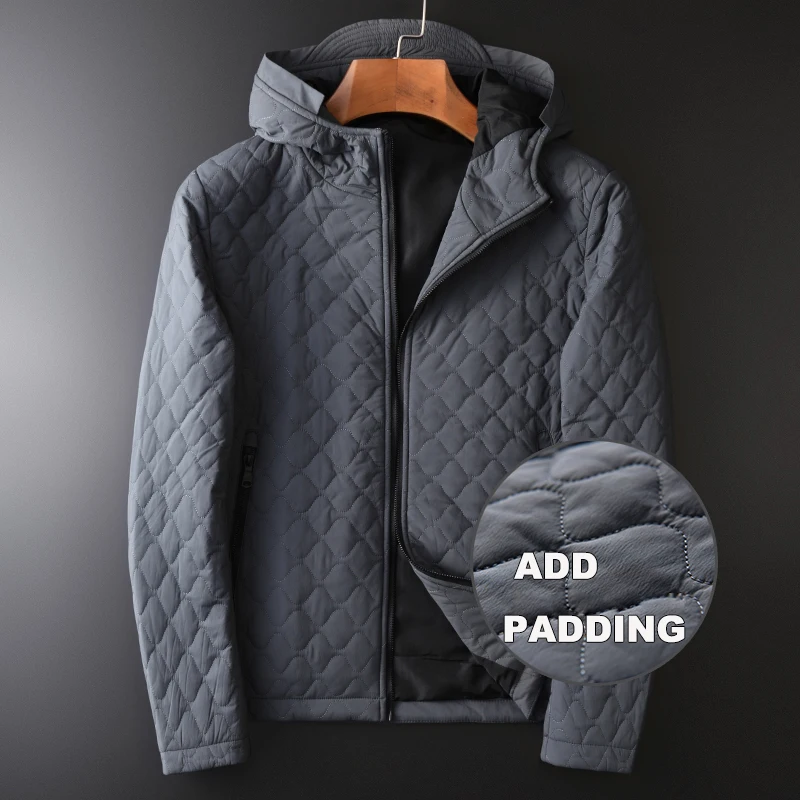 

Grey Hooded Parkas Luxury Geometric Patterns Solid Color Mens Jackets And Plus Size 4xl Slim Fit Man Coats