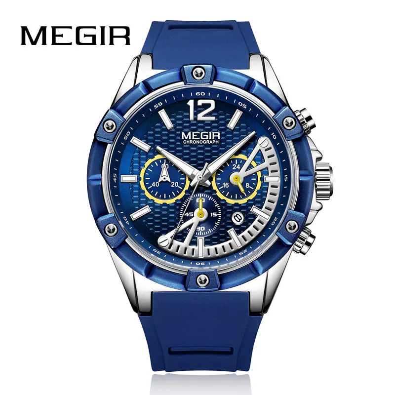 MEGIR Новые спортивные мужские часы с хронографом, Силиконовые кварцевые часы для мужчин, студенческие армейские военные наручные часы, мужские часы - Цвет: Blue Silver