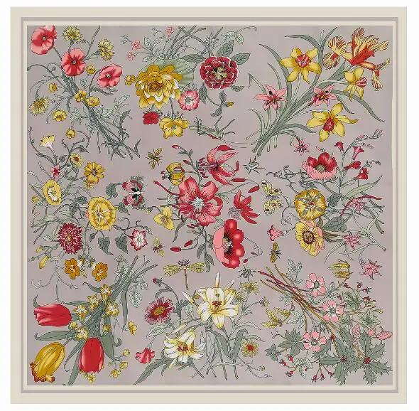 Twill Silk Scarf Women Large Shawls Stoles Lily Flowers Print Square Scarves Echarpes Foulards Femme Wrap Bandanas 130*130CM 5