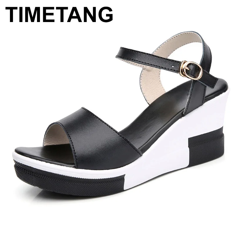 

TIMETANGWomen's platform sandals, genuine leather shoes, white flat shoes, high heels, summer platform E041
