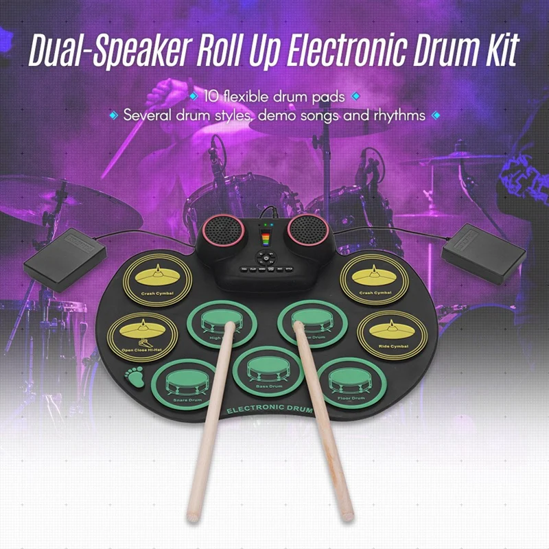 Digital Roll Up Drum Pad Silicone Electronic Drum Set Practice 10 Drumpads Built-In Double Speakers with Sticks and Foot Pedals