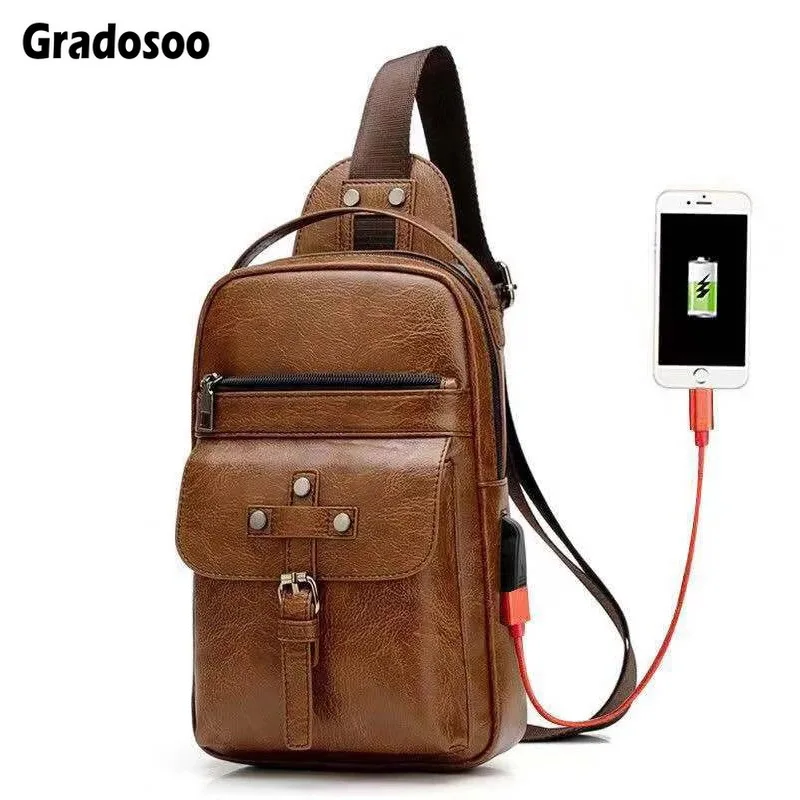 

Gradosoo USB Charging Diagonal Package Man Oil Wax Leather Messenger Bags Male Shoulder Crossbody Bags For Men Chest Bags LBF678