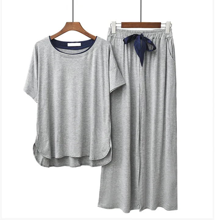 

Modal Short Sleeve Sleepwear Round Neck Solid Comfortable Pajama Sets Sleep Women Elastic Home Suit Autumn Loose Pants Pajamas