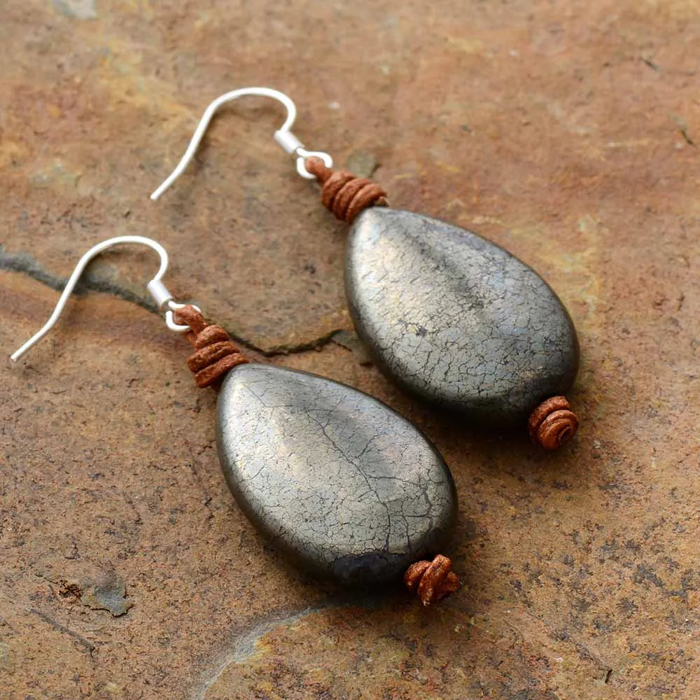 Women Earrings Jewelry Teardrop Pyrite Healing Crystal Leather Earring Homme Holiday Gifts