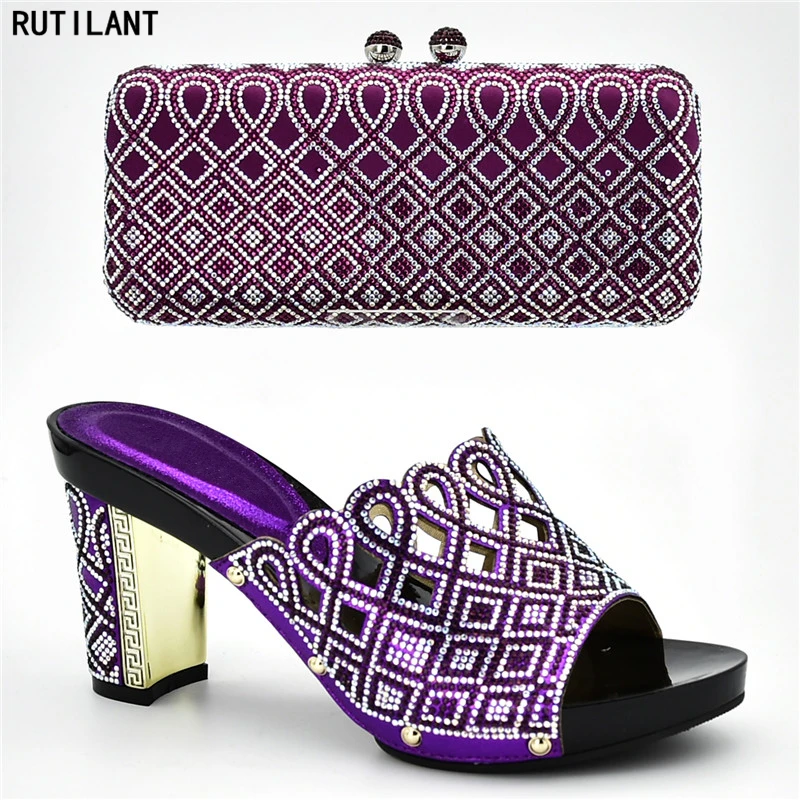

New Arrival Rhinestone Wedding Shoes and Bag Set Italian Shoe and Bag Set for Party In Women African Woen Shoes and Bag Set