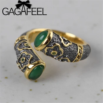 

GAGAFEEL Vintage Natural Stone Rings For Women 925 Sterling Silver Jewelry Green Stone Open Ring Adjustable Engraved Flower Ring