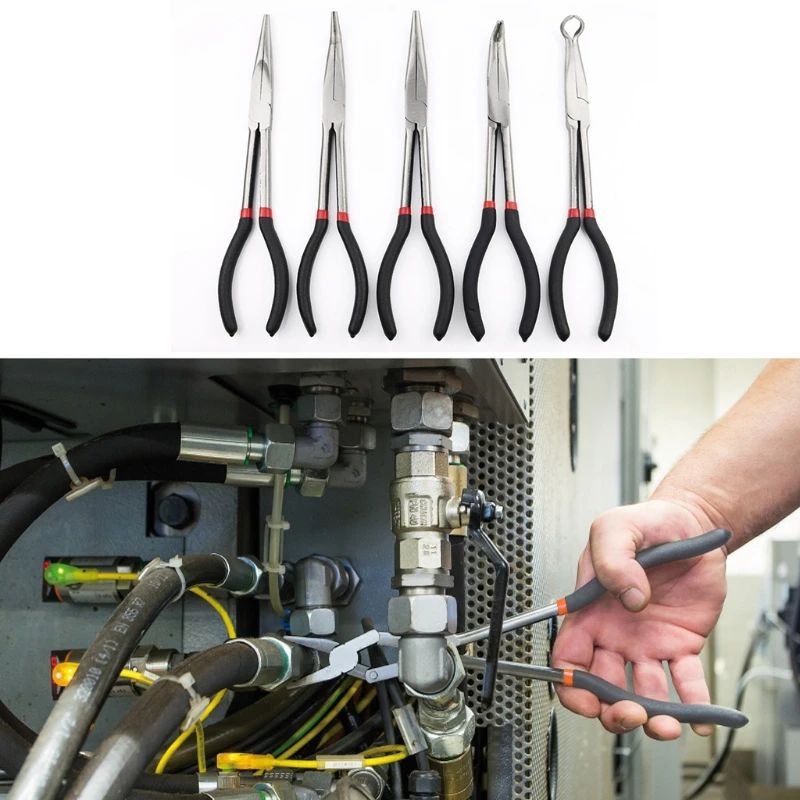 5pcs 11" Long Reach Plier Set Straight 90° 45° 20° Bent Doublex Hose