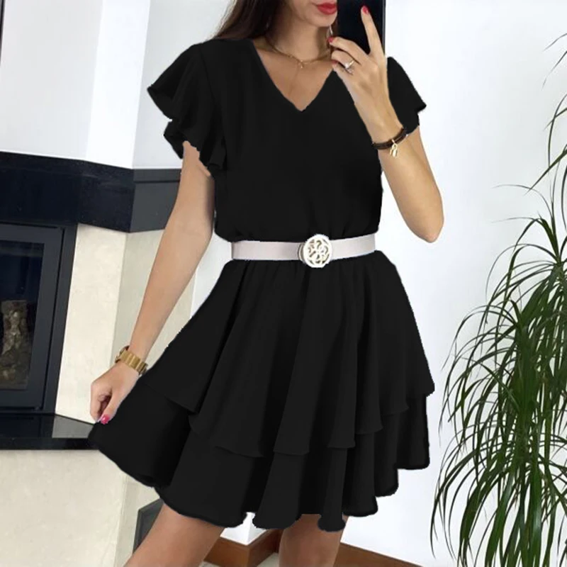 Verão com Decote em v Vestido de Festa Mulheres Ruffle Mini Vestido Moda Elegante Plissado Manga Sólido Casual Escritório Senhora Vestidos 6 Mulheres verão com decote em v ruffle