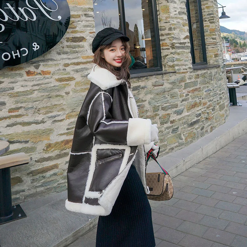 Winter simple casual fur all-in-one coat female new autumn and winter lamb wool mid-length thickened plus velvet leather coat