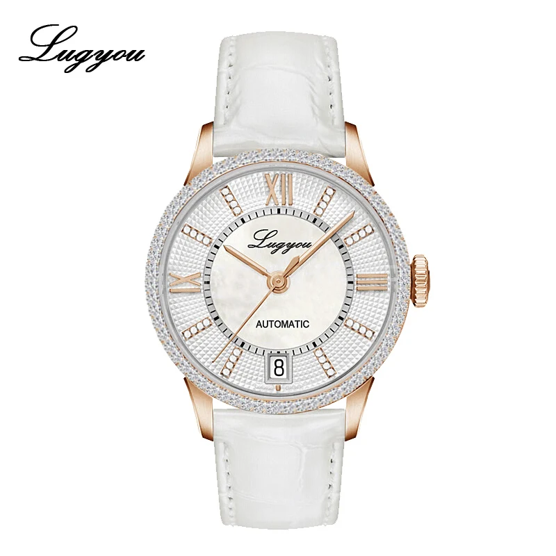 Lugyou для женщин женские часы из розового золота лучший бренд класса люкс Скелет механические Автоматические алмаз женские наручные часы кожа водонепроницаемый - Цвет: RG White PT